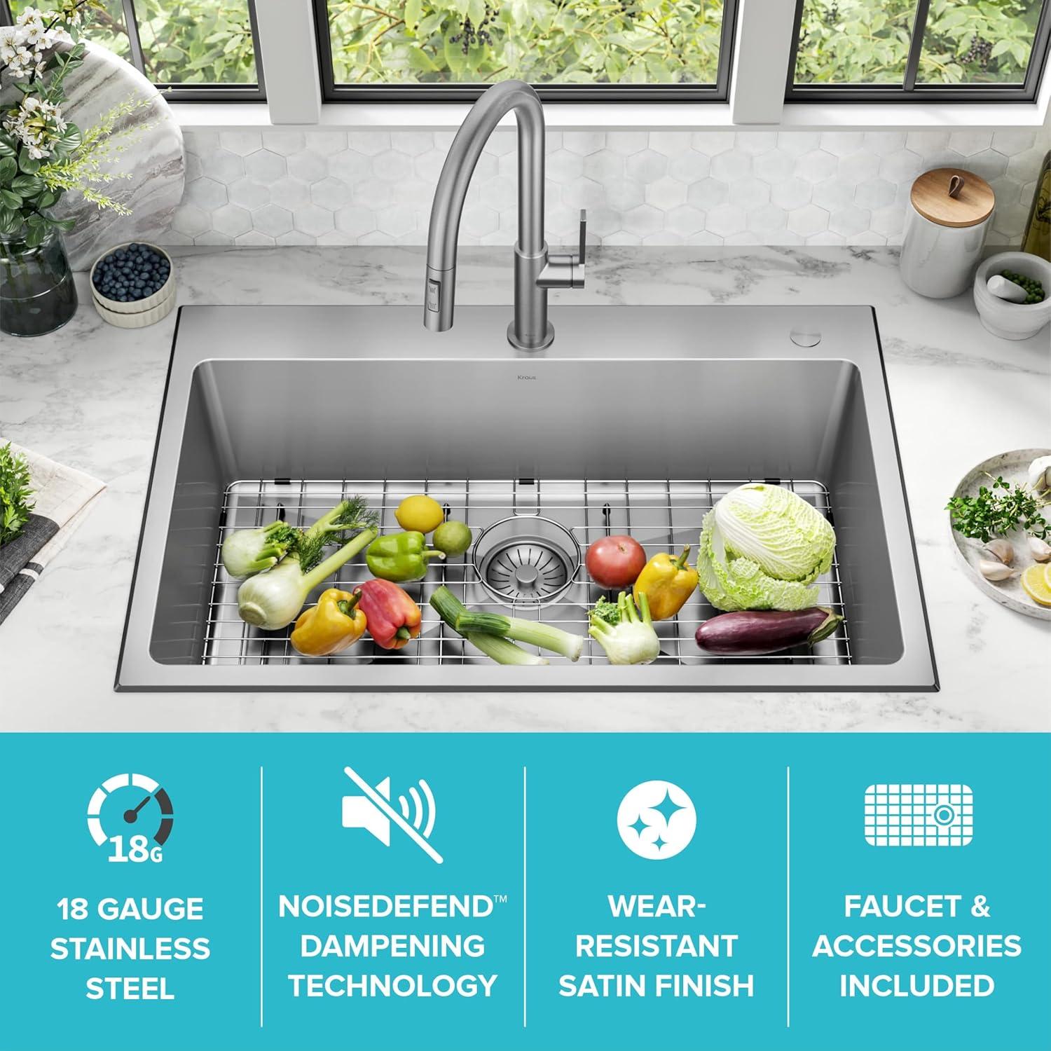 KRAUS Standart PRO 33” Drop In / Undermount Single Bowl 18-Gauge Stainless Steel Kitchen Sink And Pull Down Faucet In Spot-Free Stainless Steel