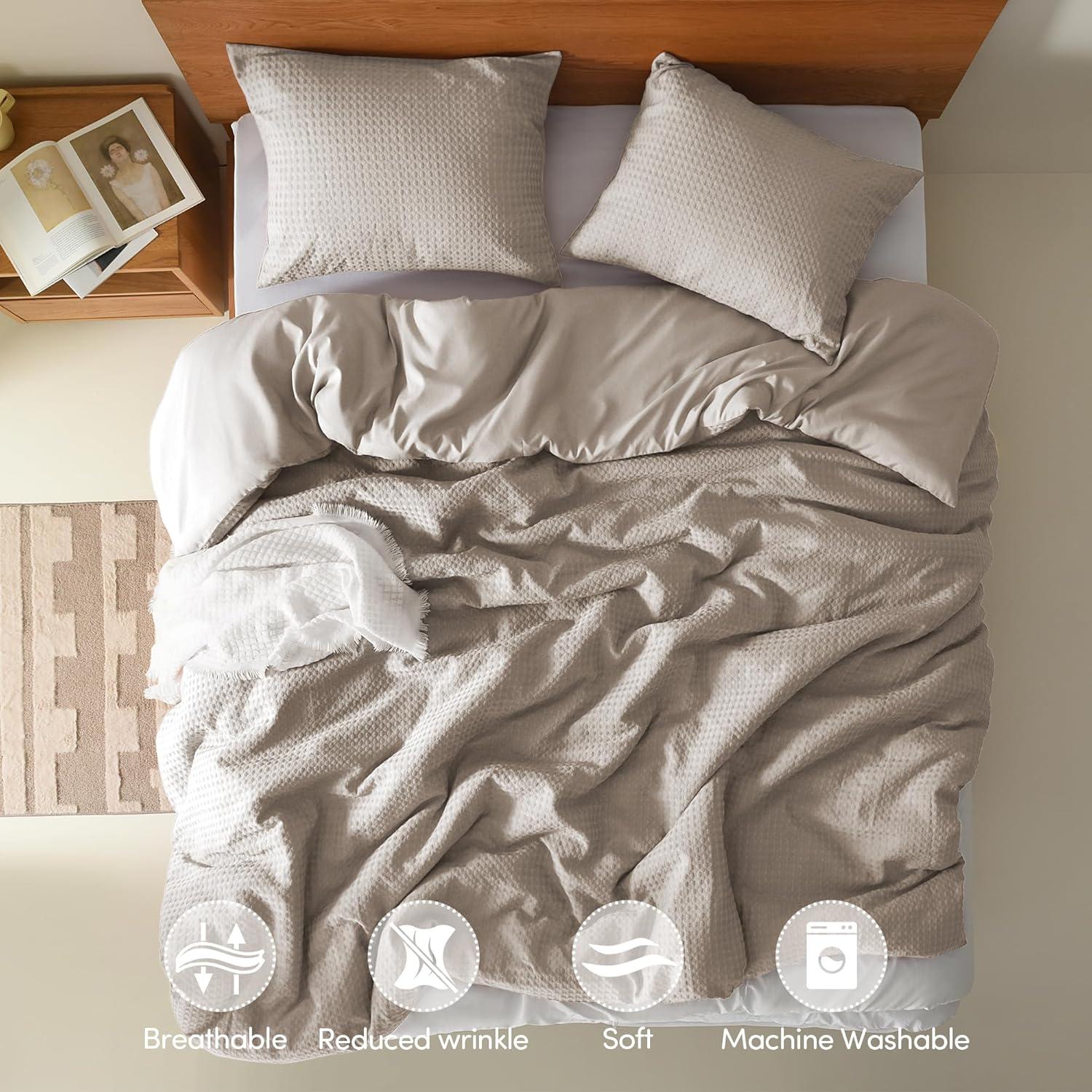 Taupe Queen Waffle Weave Microfiber Duvet Cover Set