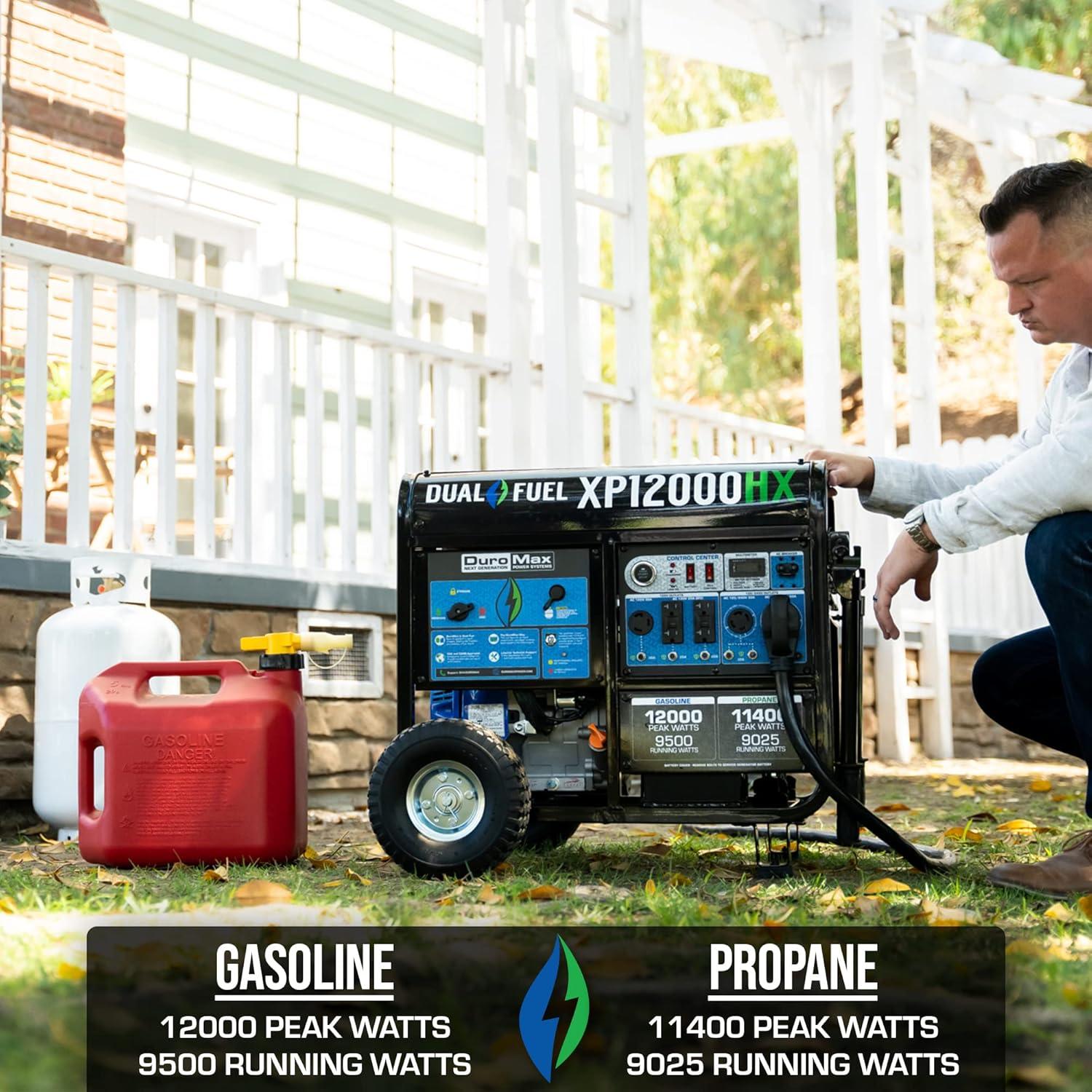 DuroMax XP12000HX 12,000-Watt Dual Fuel Portable Generator - Gas & Propane, Electric Start, Whole Home Power Backup, Transfer Switch Ready, RV & Emergency Ready