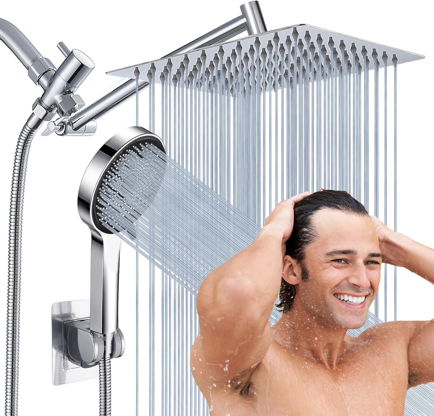 Chrome Dual Shower Head with Handheld Spray and Adjustable Arm