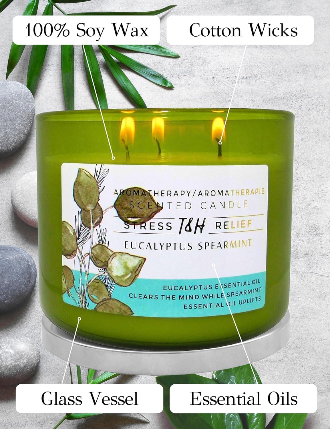 T&H Wholesalers Eucalyptus Spearmint Scented Soy Candle 3 Wick Aromatherapy Candle for Women and Men