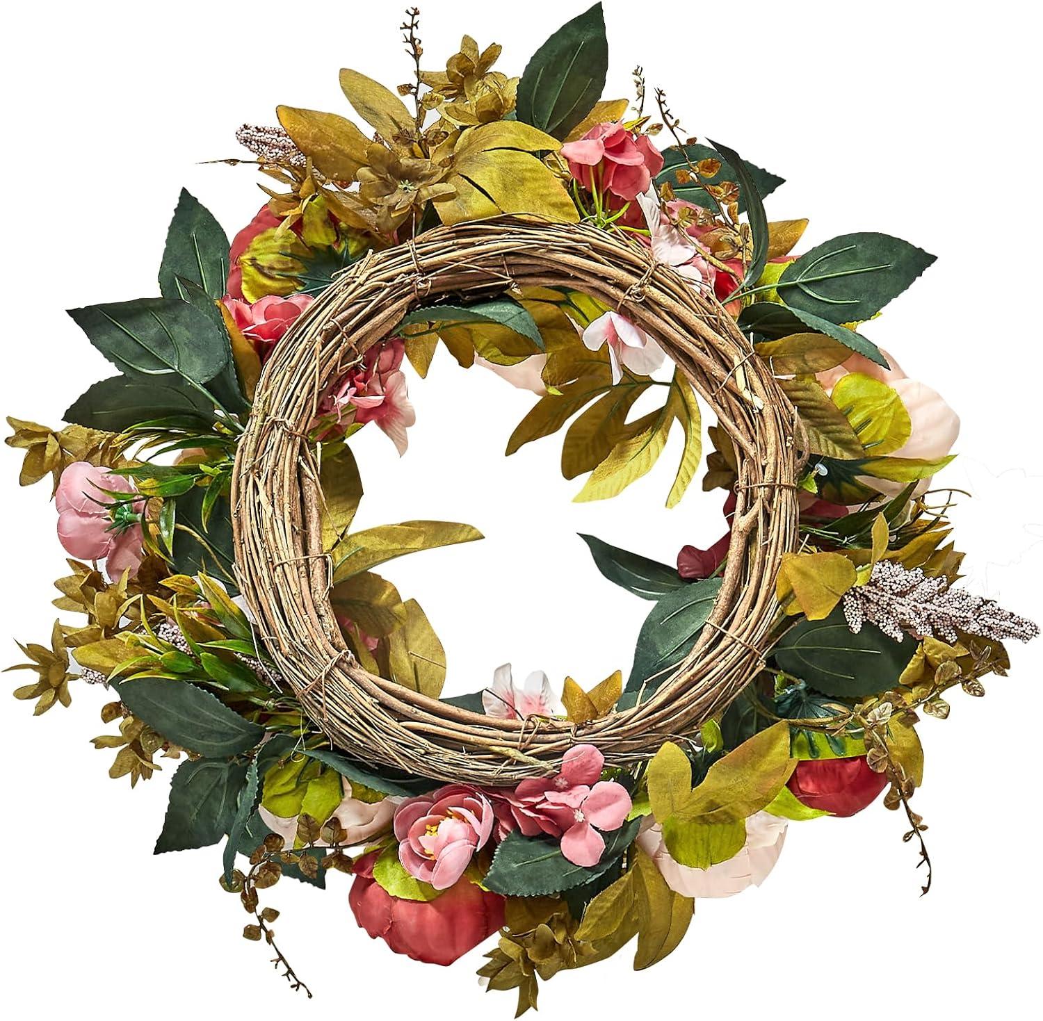 VEVOR Spring Wreath for Front Door 19 Inch - Artificial Peony Floral Wreath with Greenery, Year-Round All Season Outdoor Indoor Decor