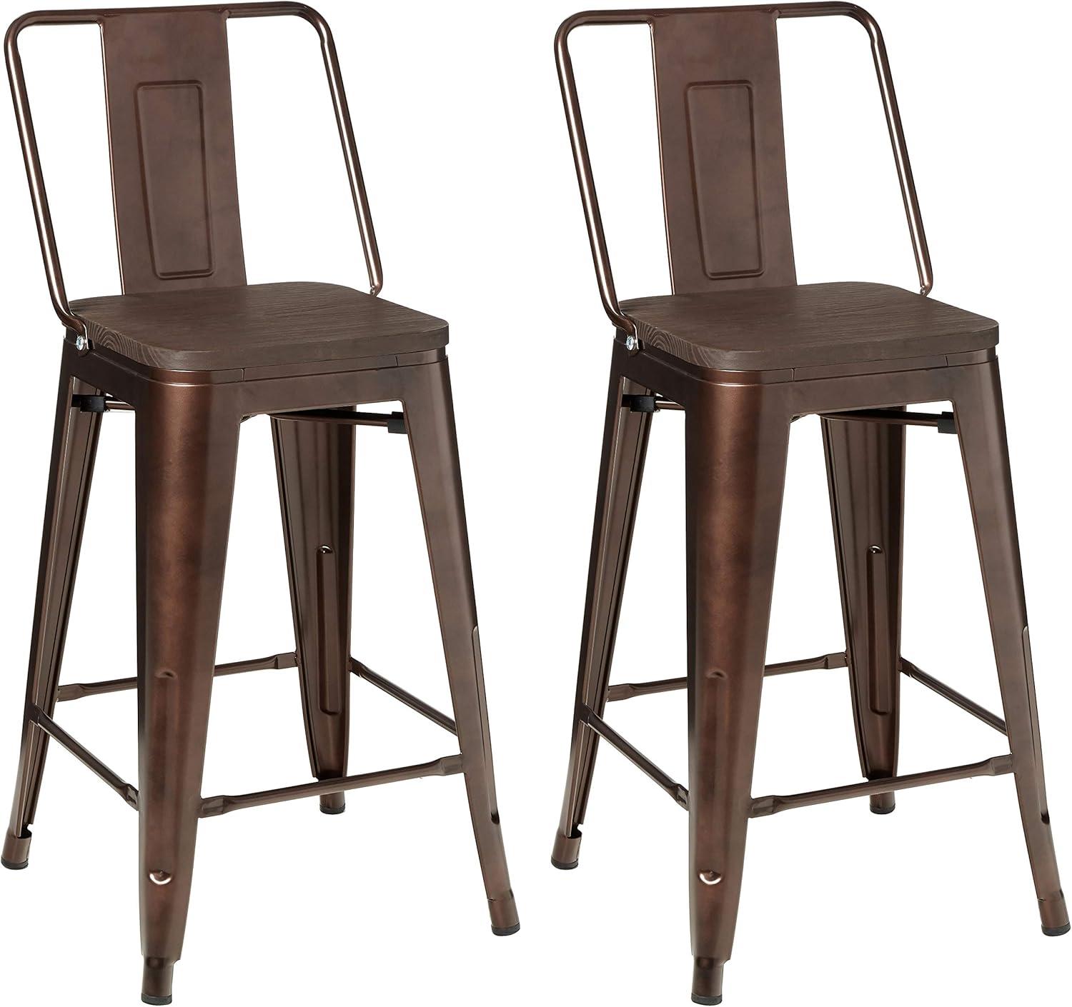 Leejay Coffee 24 inch High Back Counter Height Metal Barstool with Dark Wood Seat, Set of 2