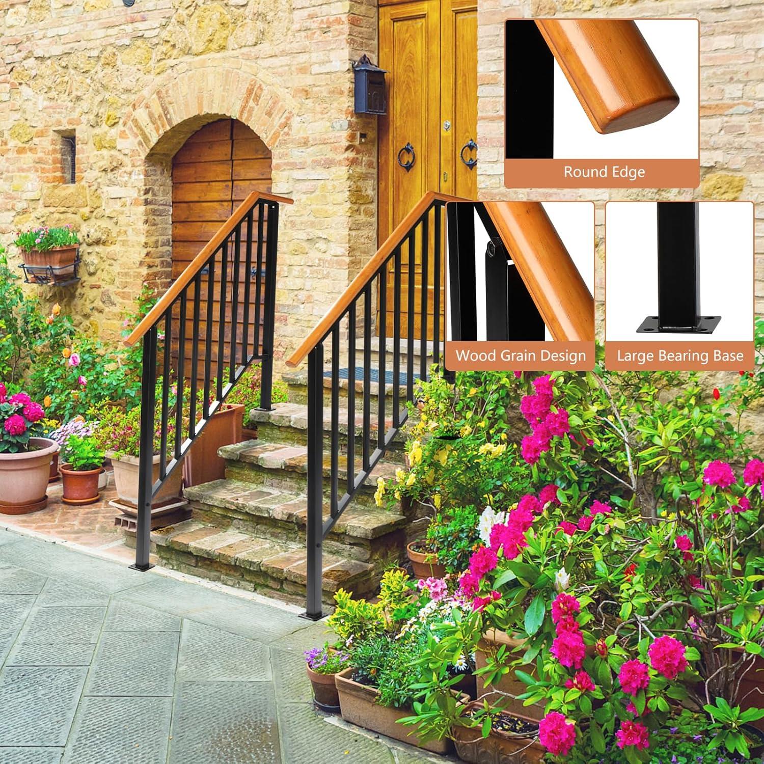 HLL Handrails for Outdoor Steps, Black Wrought Iron Handrail Fits 4 or 5 Steps, Transitional Handrail with Installation Kit, Stair Railing for Concrete Steps or Wooden Stairs