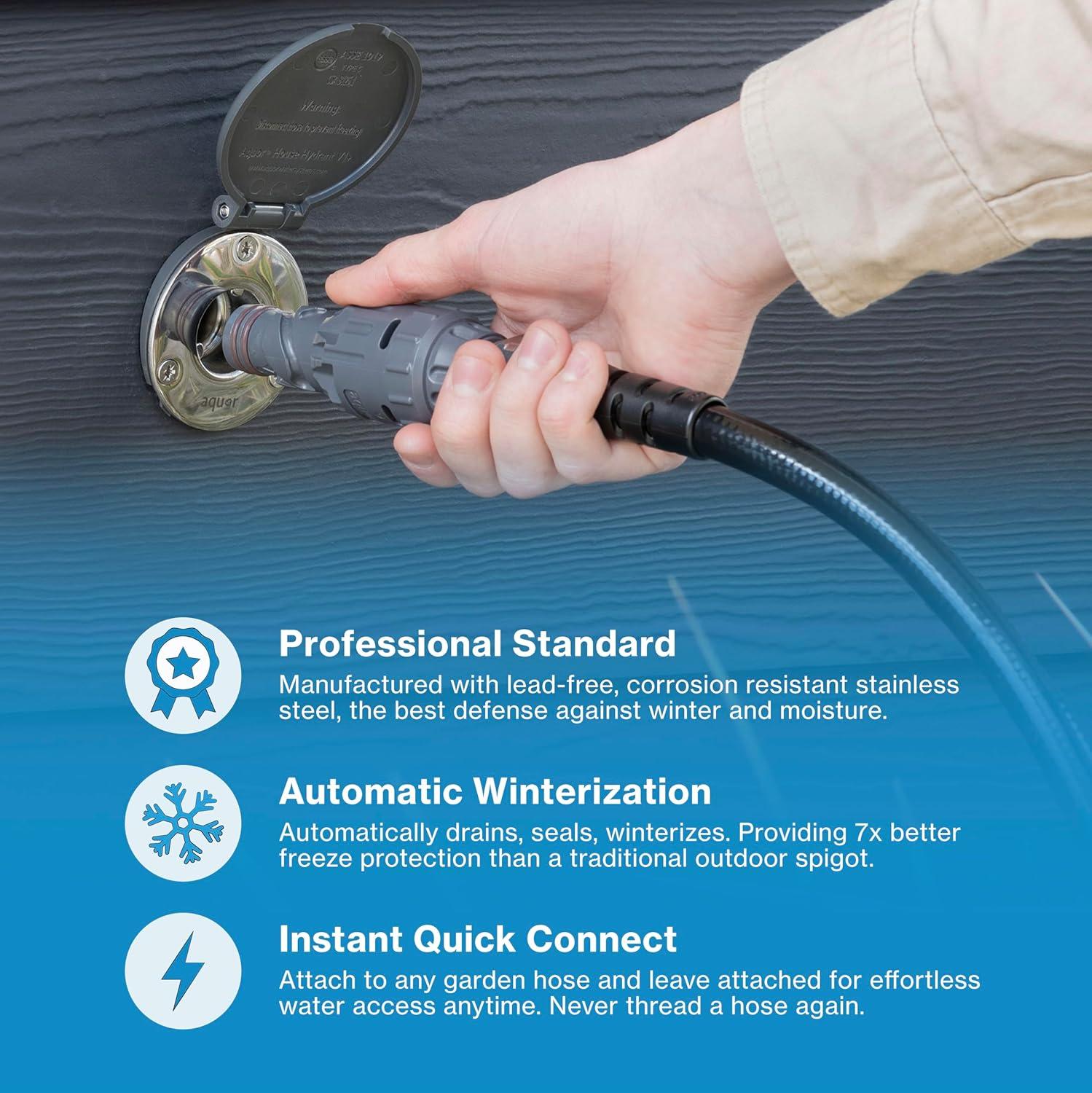 Aquor House Hydrant V1+ Frost Free Outdoor Faucet, Anti Siphon Valve with Quick Connect, Frost Proof Hose Bib Flush Wall Faucet, Slate Gray