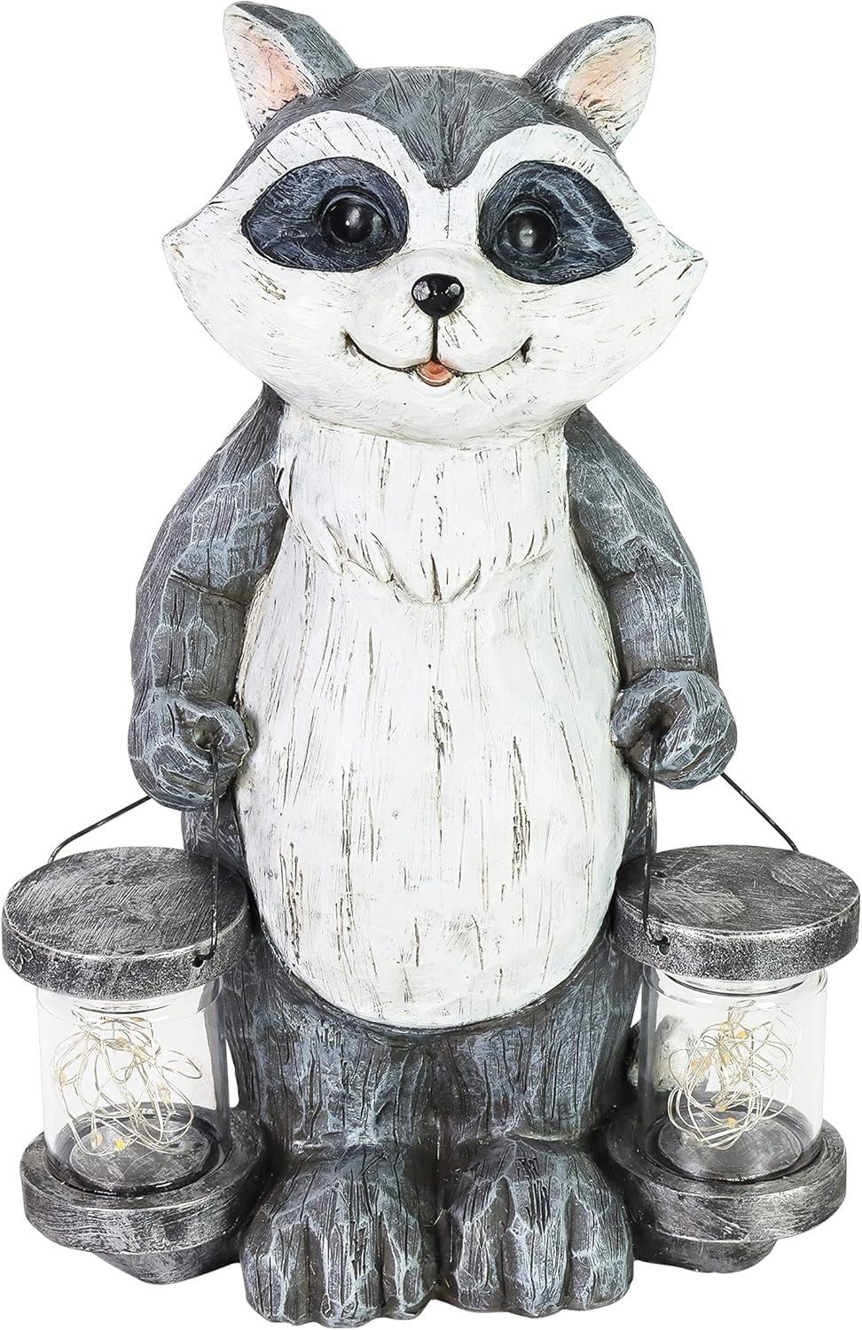 Exhart Solar Firefly Jar Raccoon Garden Statuary, 10 Inches tall