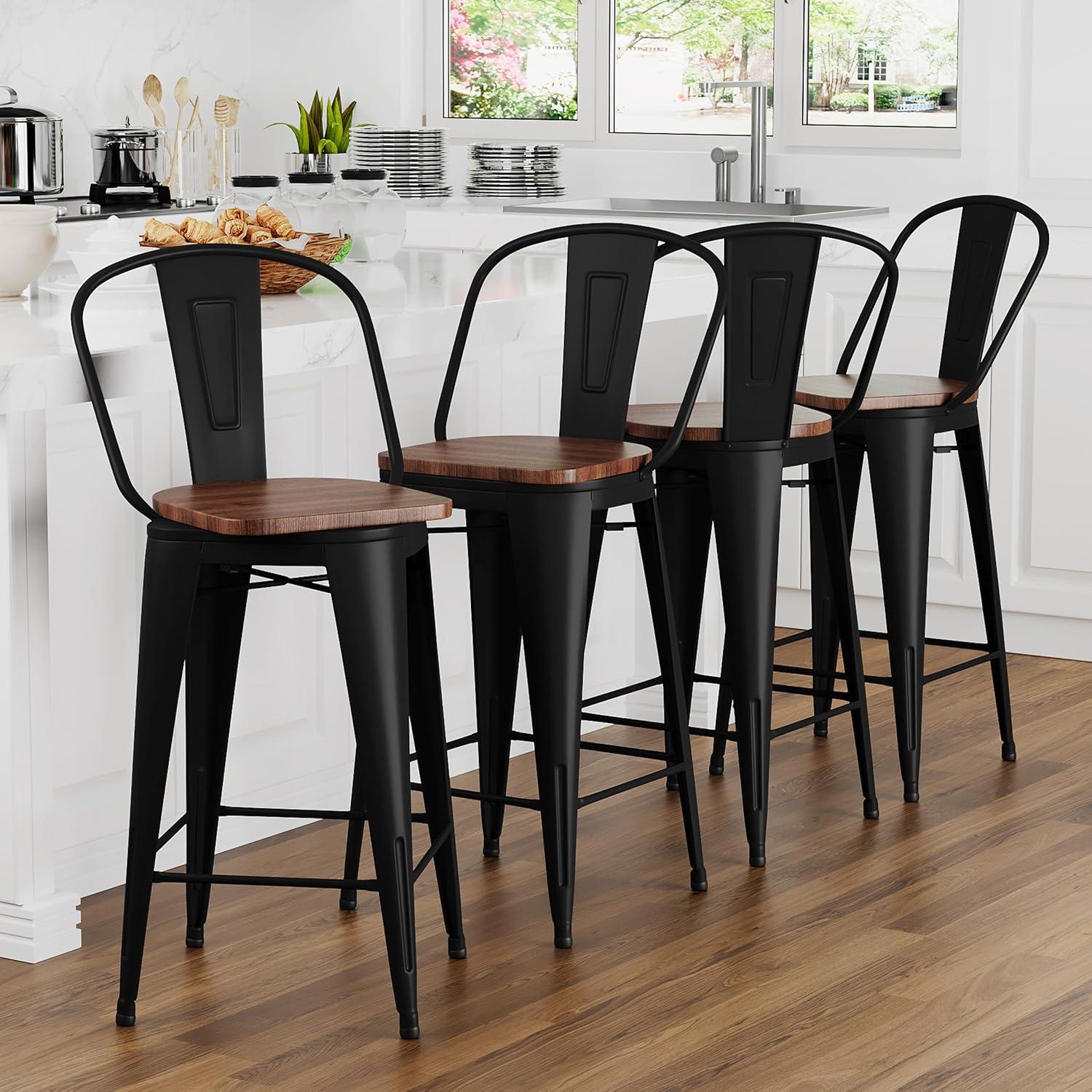 Alunaune 26" Swivel Metal Bar Stools Set of 4 High Back Counter Height Barstools Industrial Dining Bar Chairs with Large Wooden Seat-Matte Black