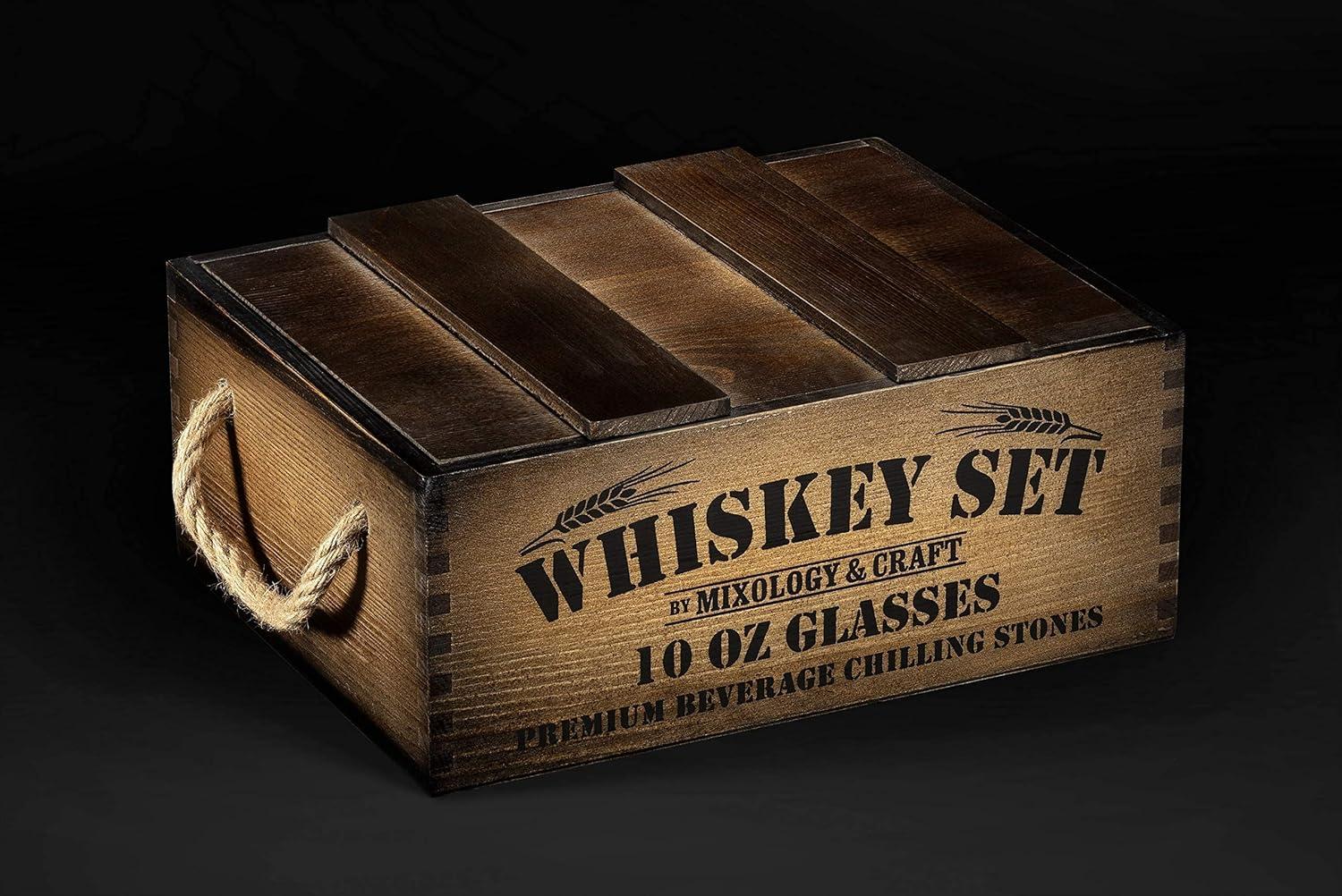 Rustic Wooden Whiskey Gift Set with Granite Stones and Crystal Glasses