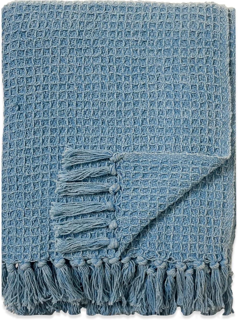 Stonewash Blue Cotton Waffle Weave Throw Blanket