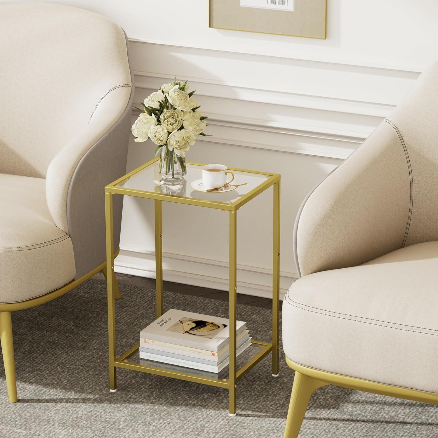 Gold Metal and Glass 2-Tier Rectangular Side Tables Set