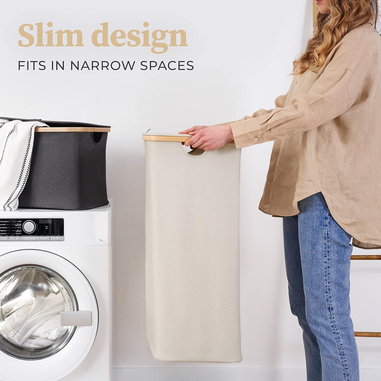 Hennez® Double Laundry Hamper with Lid, 2x Removable Bags, Thic Fabric, Bamboo Hamper 140Liter - 36gal - Light Gray