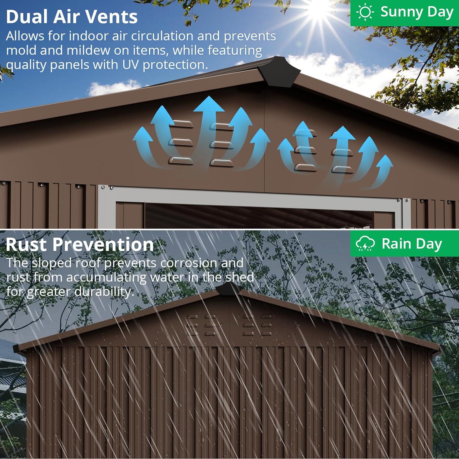 12x10 FT Outdoor Metal Storage Shed Garden Tool House With Lockable Doors and Vent Brown