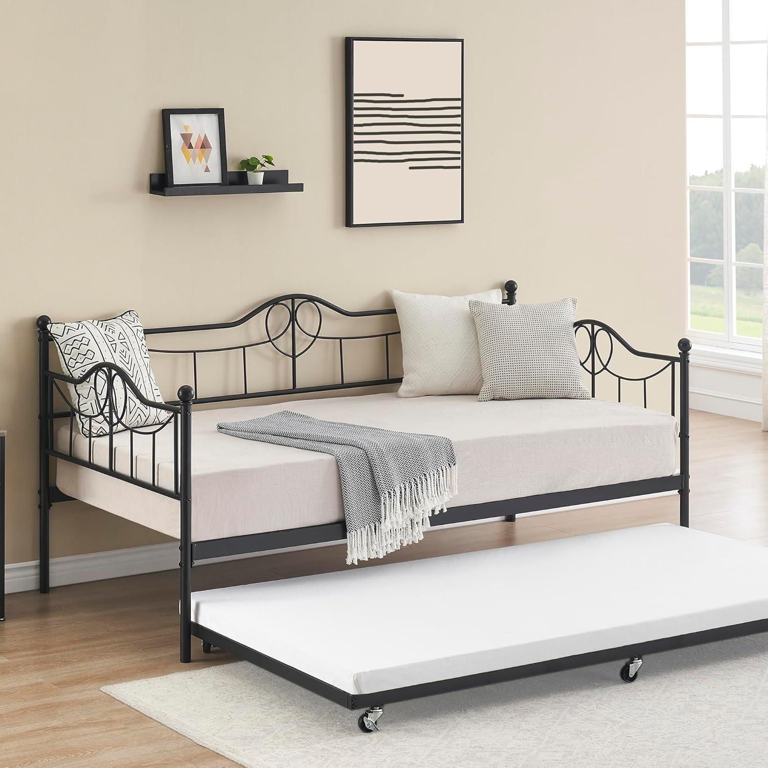 Black Twin Metal Daybed with Trundle and Heart-Shaped Headboard