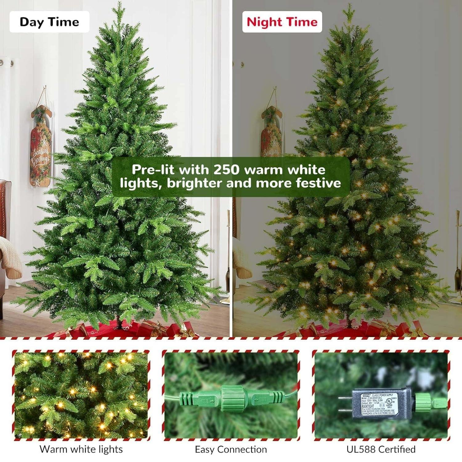 PAPROOS Prelit Christmas Trees, 5FT Artificial Christmas Tree with 250 Warm White LED Lights and 850 Branch Tips, Indoor Prelit Xmas Tree for Holiday Decor, Green