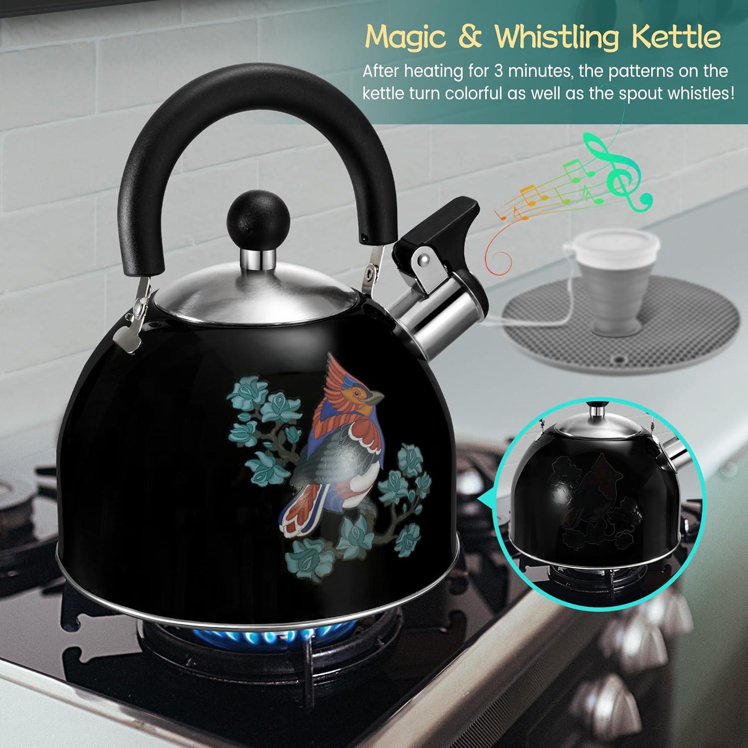 ARC Stainless Steel  2QT Whistling Tea Kettle - Black - Magic Color Changing Design Tea Pot - Ergonomic Handle Stovetop Whistle Kettle - Free Folding Cup and Trivet Mat Included