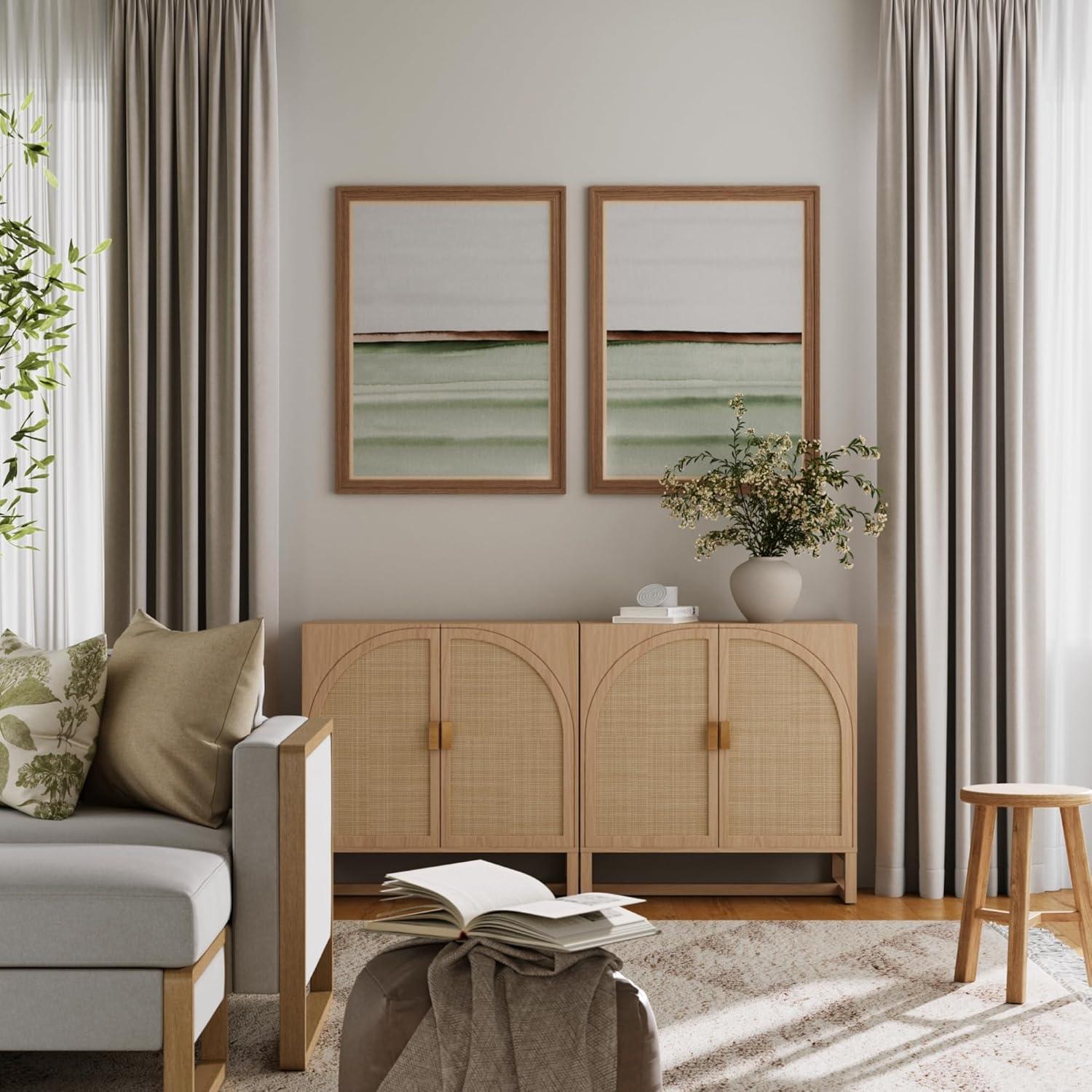 Nathan James Paxton Mid-Century Modern Wood Storage Cabinet with Doors, Arched Storage Cabinet for Living Room or Kitchen with Rattan Door Details, Raw Oak Set of 2