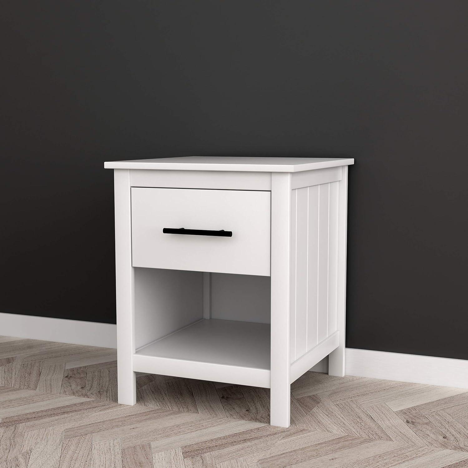 White Engineered Wood Nightstand with Drawer and Open Shelf