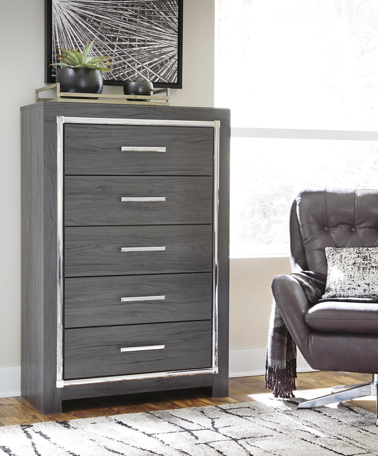 Gray 5-Drawer Chest with Chrome Accents