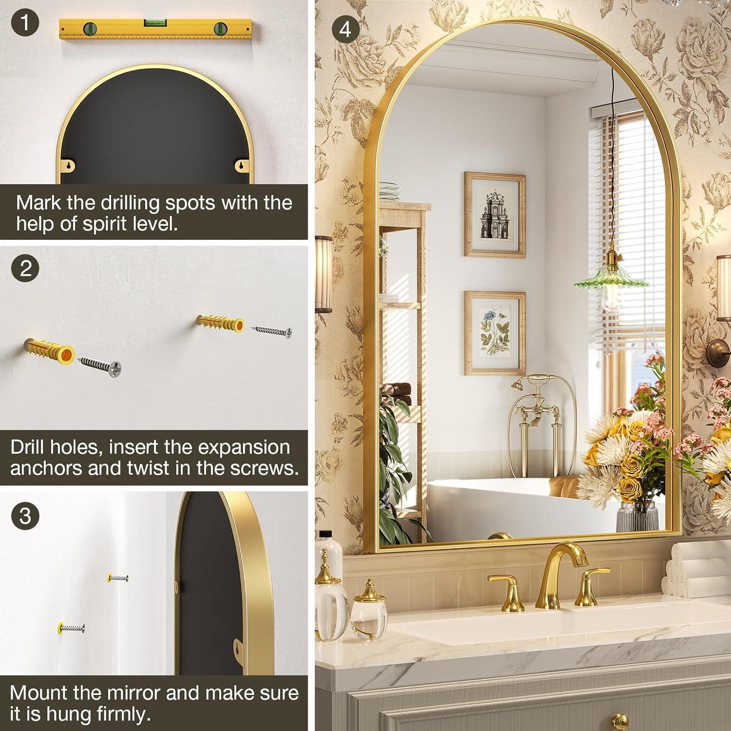 Arch Bathroom Mirror, 20x30 inch Arched Bathroom Mirror/Wall Mounted Vanity Mirror - Arch Metal Frame Wall Mirror for Bathroom Bedroom Living Room, Gold