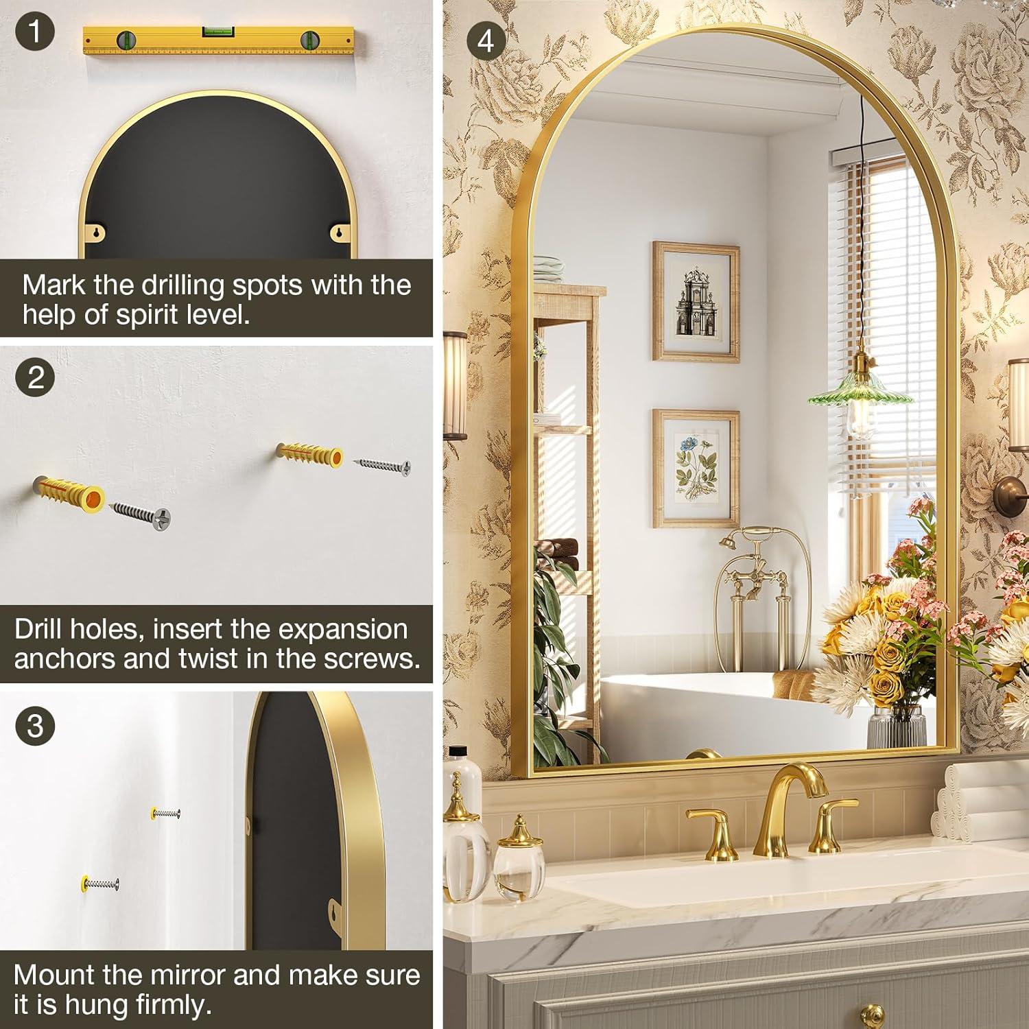 Arch Bathroom Mirror, 20x30 inch Arched Bathroom Mirror/Wall Mounted Vanity Mirror - Arch Metal Frame Wall Mirror for Bathroom Bedroom Living Room, Gold