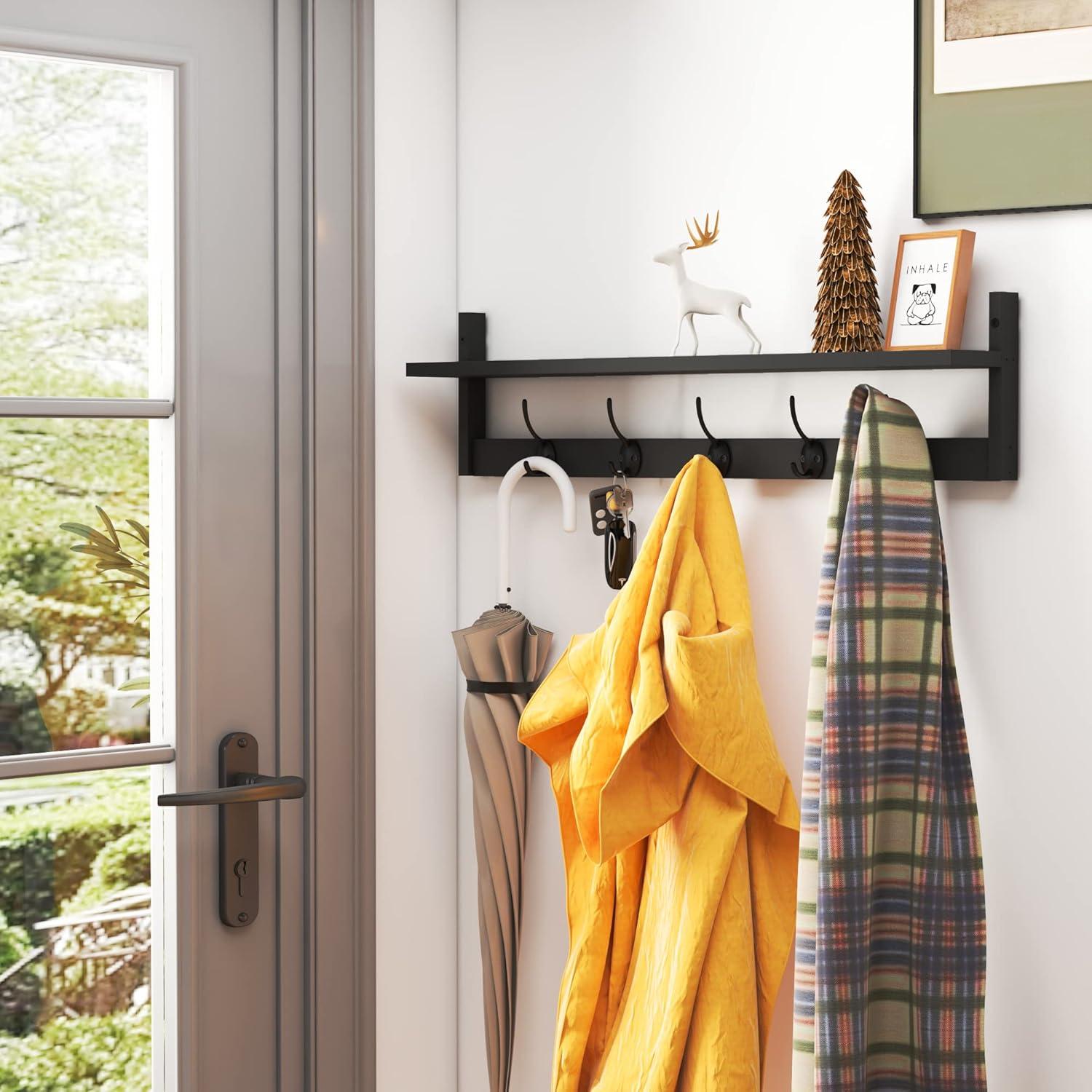 Black Wall-Mounted Coat Rack with Shelf and Hooks