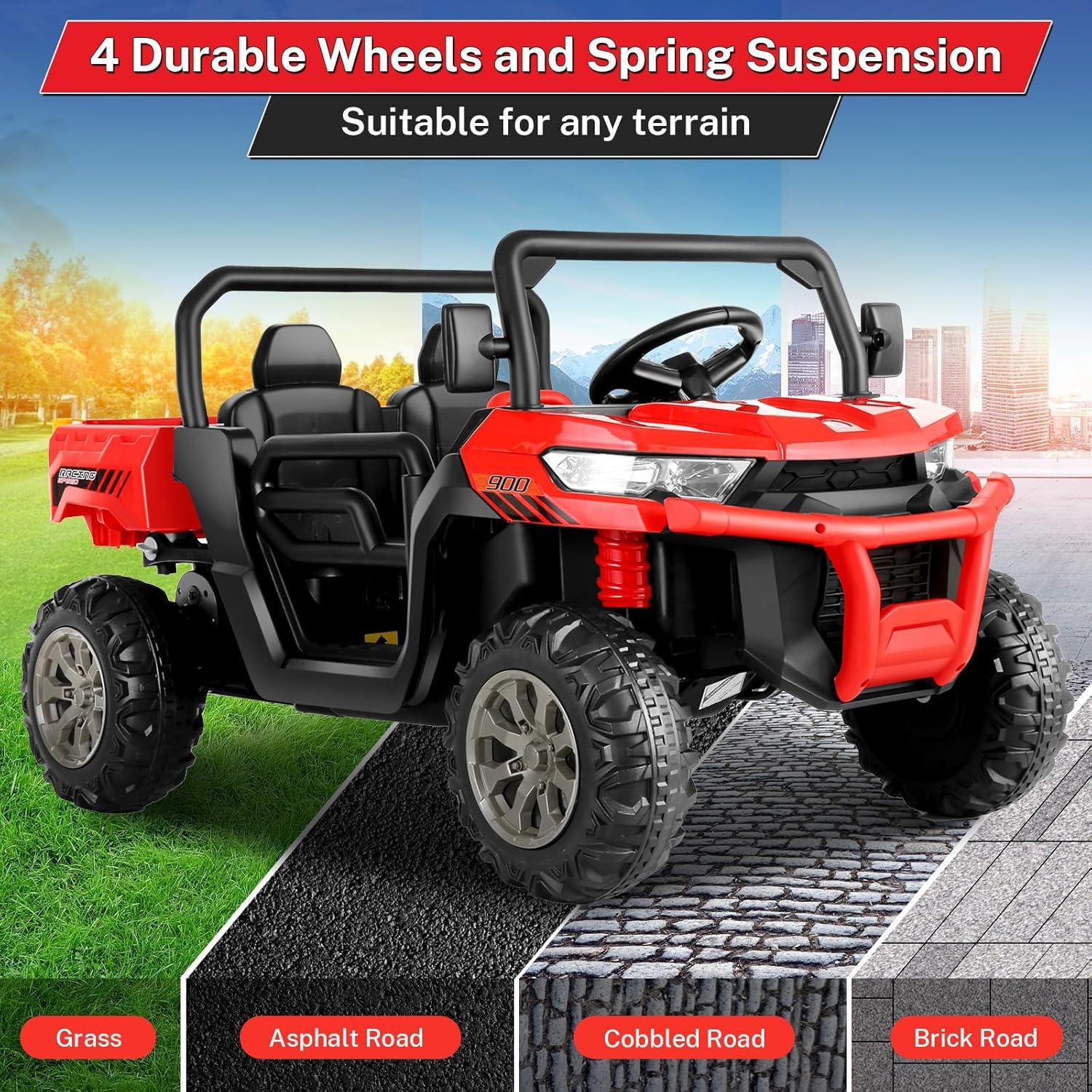 Funride 4WD 24 Volt Ride on Toys with Remote Control, 2 Seater Power Car Wheels UTV Toys, Ride on Truck Car w/ Electric Dump Bed, Shovel, Bluetooth Music