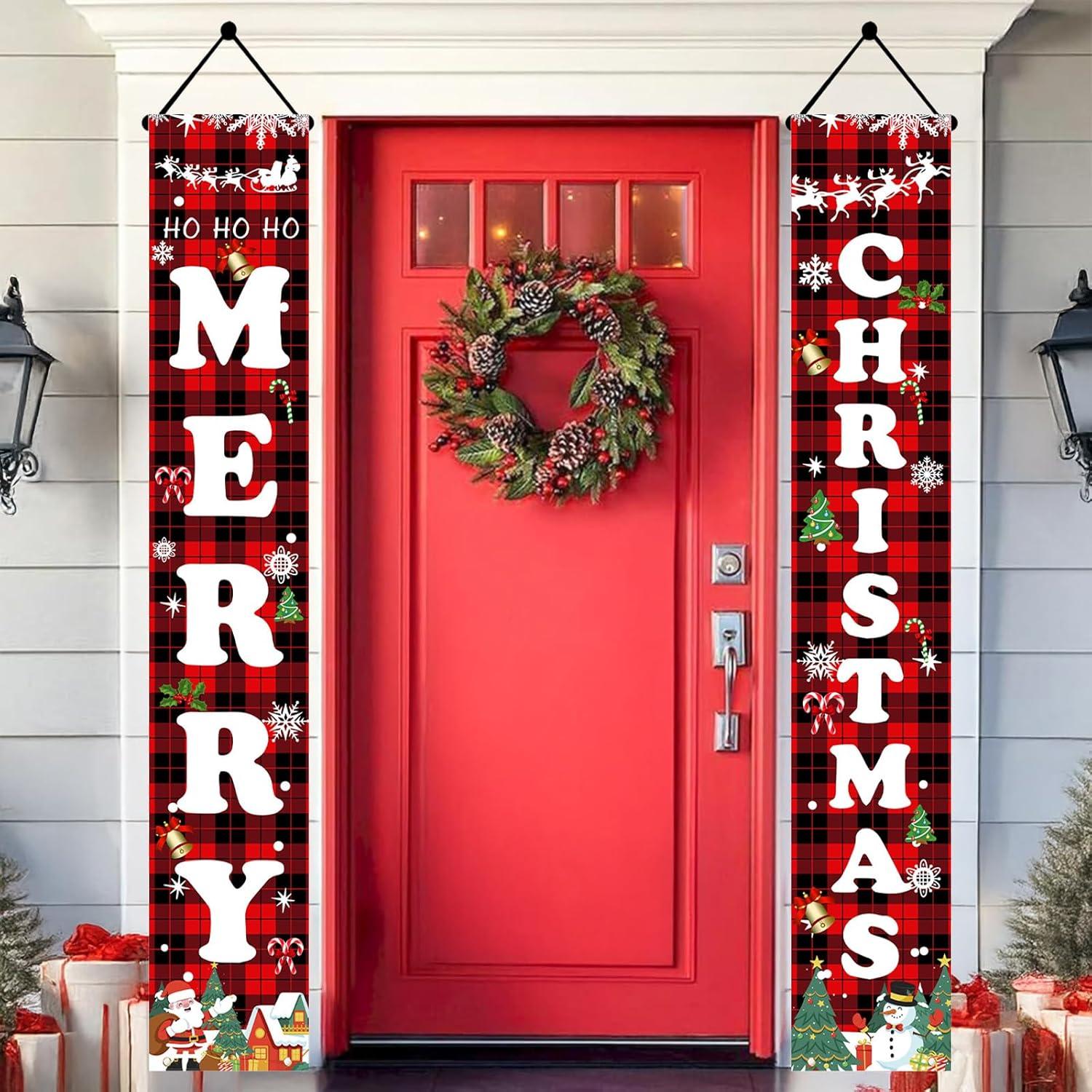 Red Black Buffalo Plaid Christmas Outdoor Door Banner Set