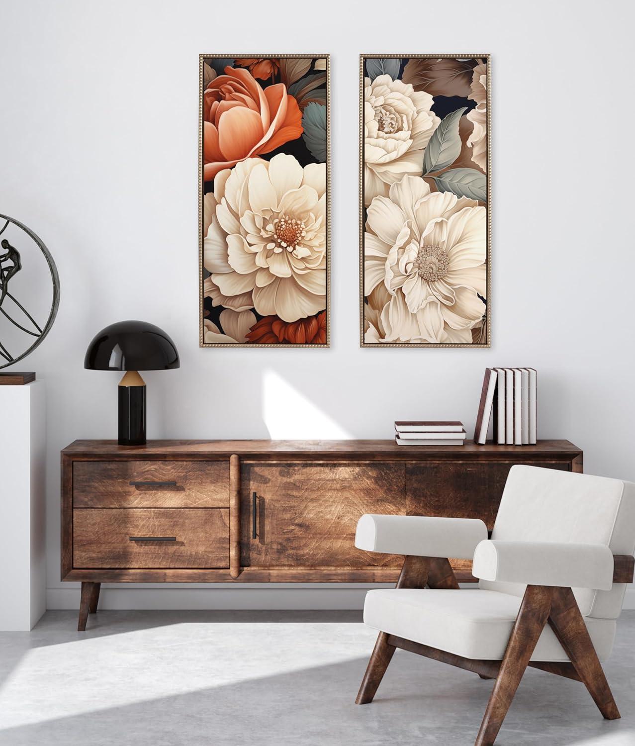 Kate & Laurel All Things Decor 18"x40" Sylvie Beaded Romantic Ivory and Peach Flora Framed Canvas by The Creative Bunch Studio Gold