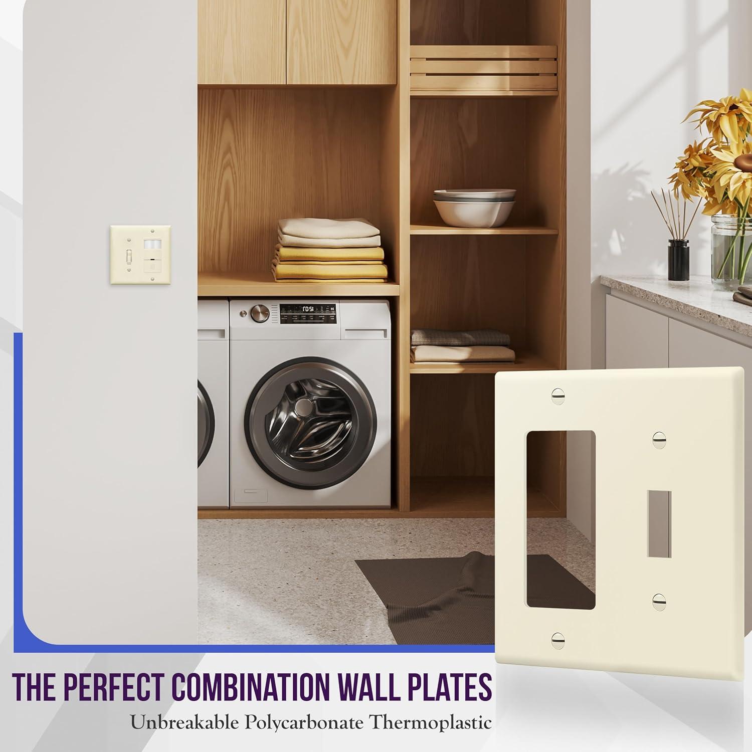 ENERLITES Combination Toggle / Decorator Switch Wall Plate, Standard Size 2-Gang, Polycarbonate Thermoplastic, Light Almond