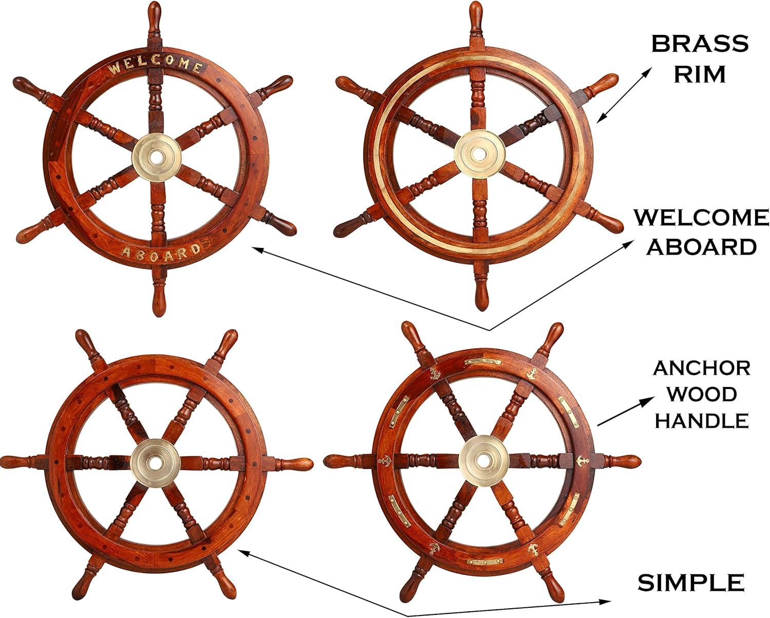 24" Dark Rosewood and Brass Nautical Ship Wheel Decor