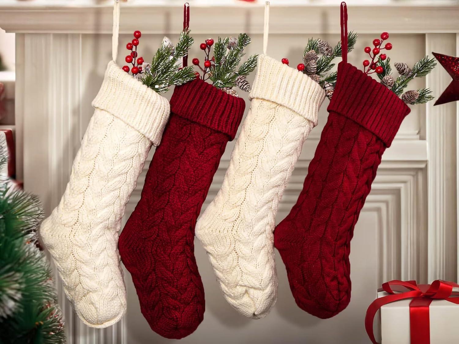 Pack 6, 18" Ivory Cable Knitted Christmas Stockings for Family Holiday Xmas Party Decor