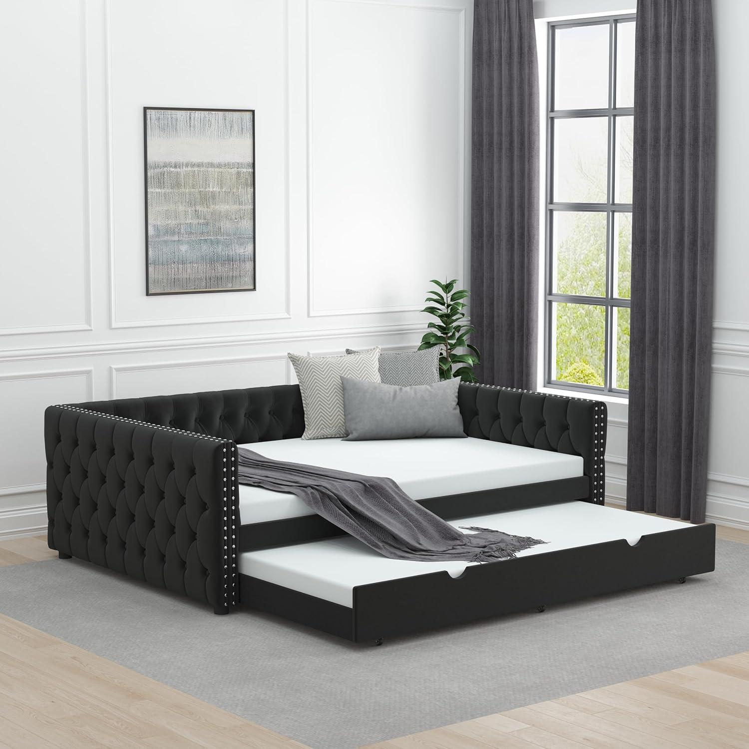 KNeretva Velvet Full Daybed with Twin Trundle, Modern Upholstered Full Size Day Bed Button-Tufted Sofa Daybed Frame (Black)