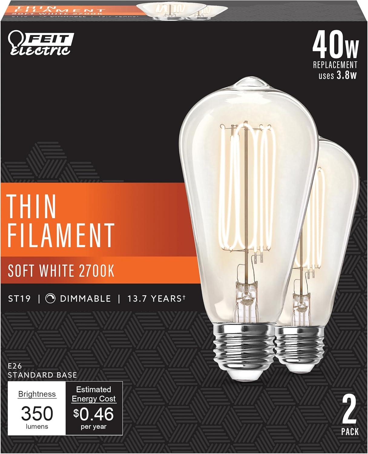 Feit Electric 40W Equivalent Clear Glass ST19 Dimmable LED Bulb 2-Pack