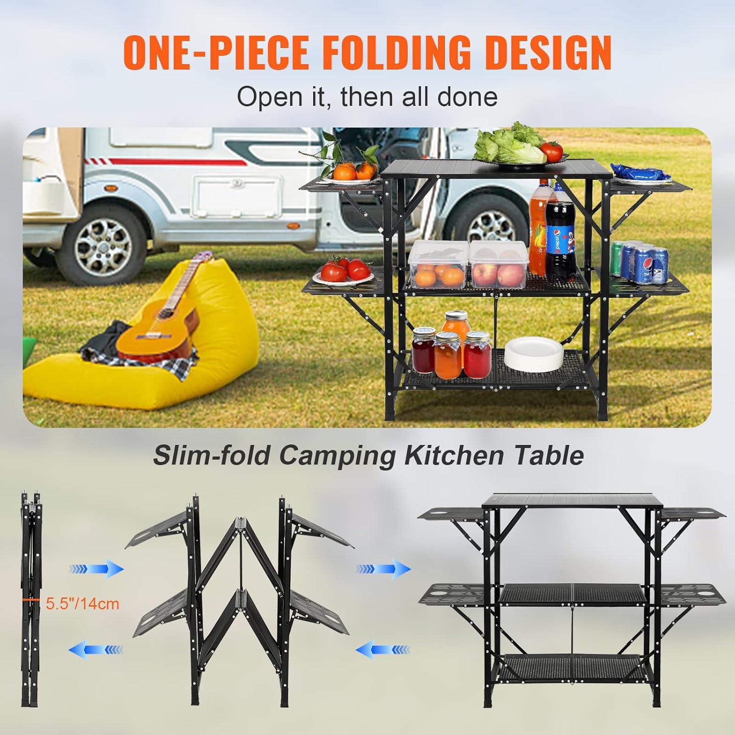 Black Aluminum Folding Camping Kitchen Table with Shelves and Carry Bag