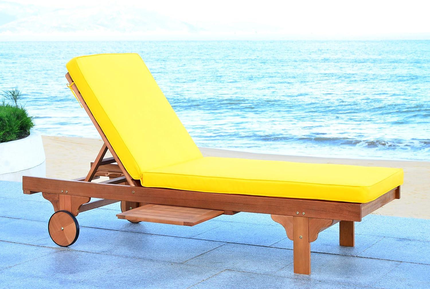 Natural Yellow Eucalyptus Wood Armless Chaise Lounger with Cushions