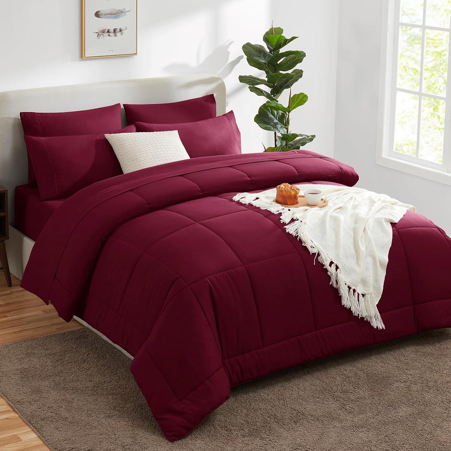 CozyLux Burgundy Comforter Set Queen 7 Pieces Red Comforter Set Queen Bedding Sets Maroon Wine with All Season Quilted Comforter, Flat Sheet, Fitted Sheet, Pillowcases
