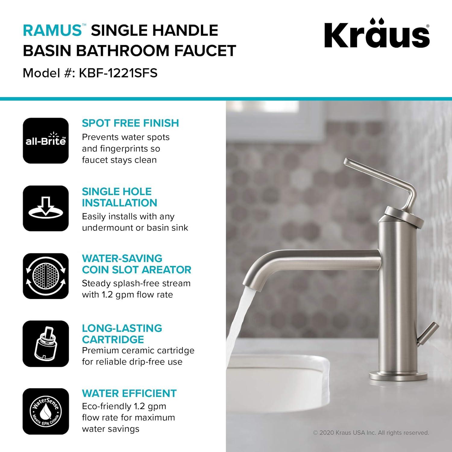 KRAUS Ramus Single Handle Bathroom Sink Faucet with Lift Rod Drain