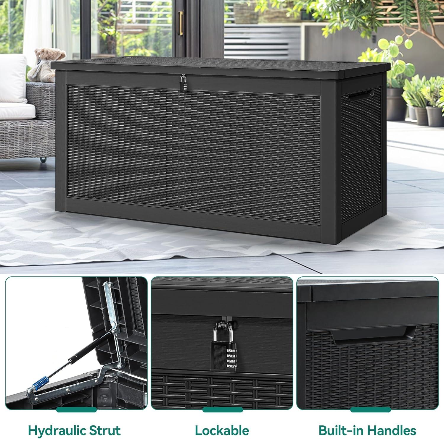 YITAHOME 32 Gallon Rattan Deck Box, Indoor Outdoor Storage Box for Patio Furniture, Pool Accessories, Cushions, Garden Tools, Sports Equipment, Waterproof Resin with Lockable Lid & Side Handles, Black