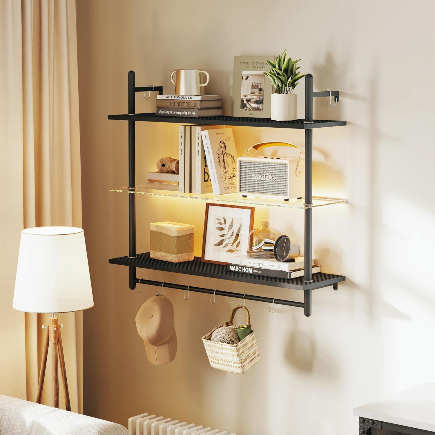Bestier Gaming LED Floating Shelves for Wall, 41" Wall Mounted Shelf Pipe Glass Shelves, 3 Tier Hanging Display Rack with 8 S-Hooks Towel Bar, Kitchen Gaming Room Wall Decor, Carbon Fiber Black
