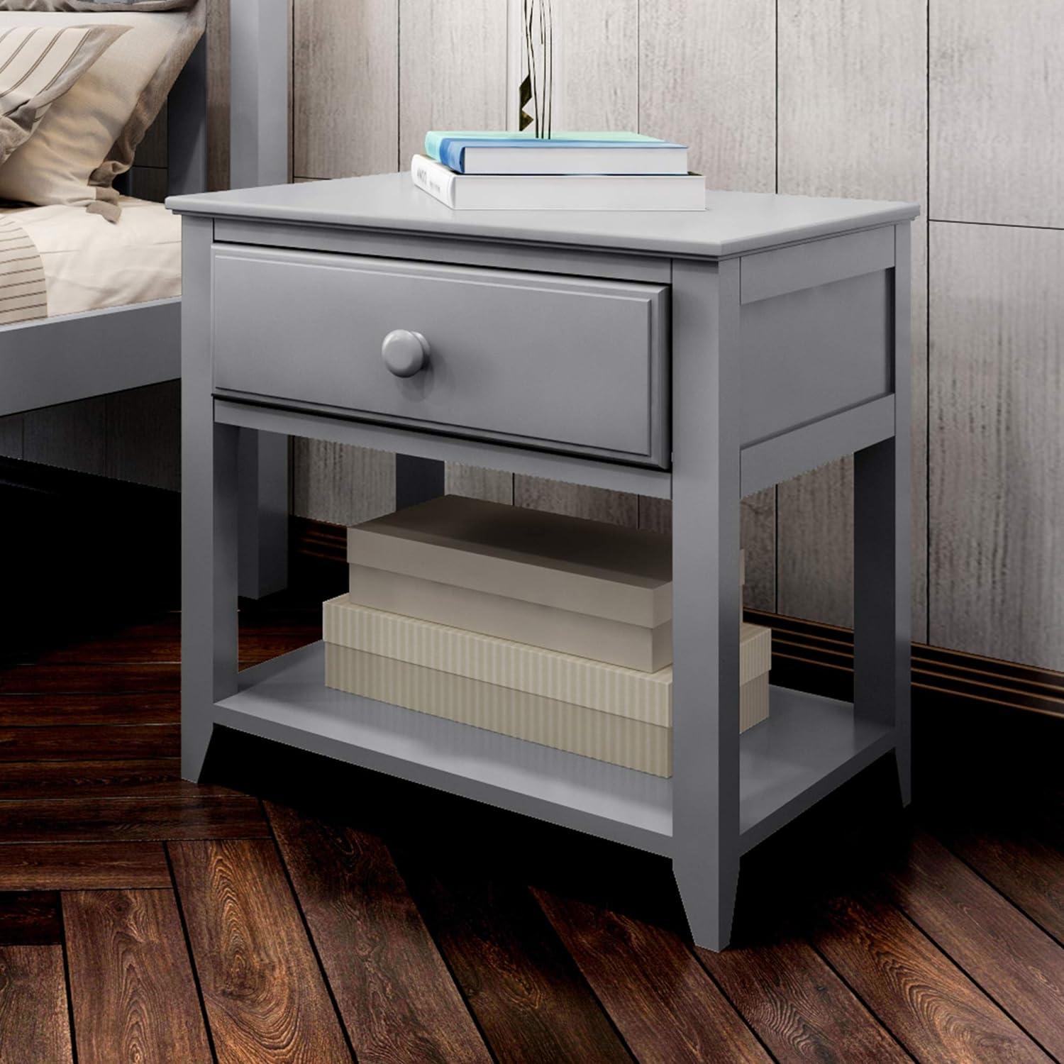 Gray Pine 1-Drawer Nightstand with Shelf