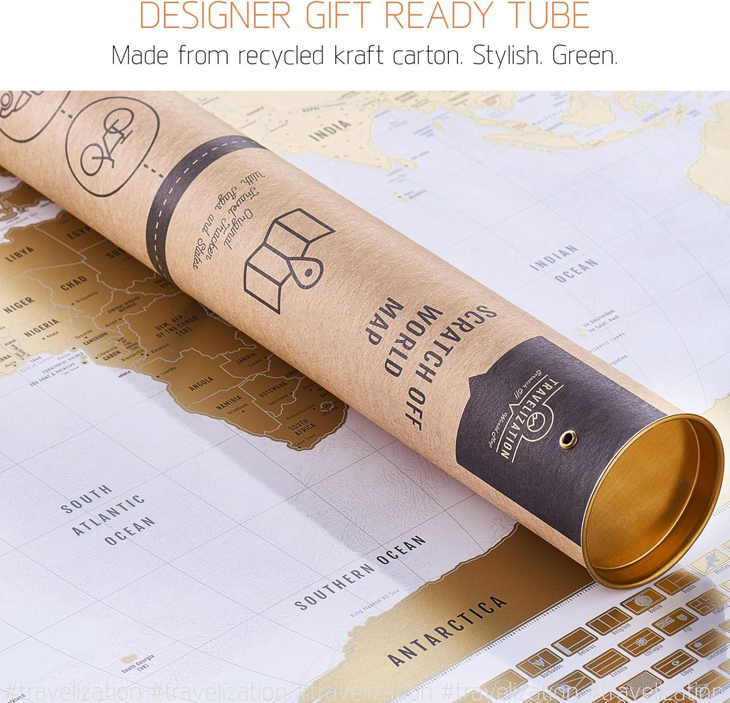 XL Scratch Off World Map with 196 Country Flags 36" x 24" Frameable Travel Map with Vibrant Colors and Premium Gold Coating, Beautiful Visited Places Tracker for Travelers, White