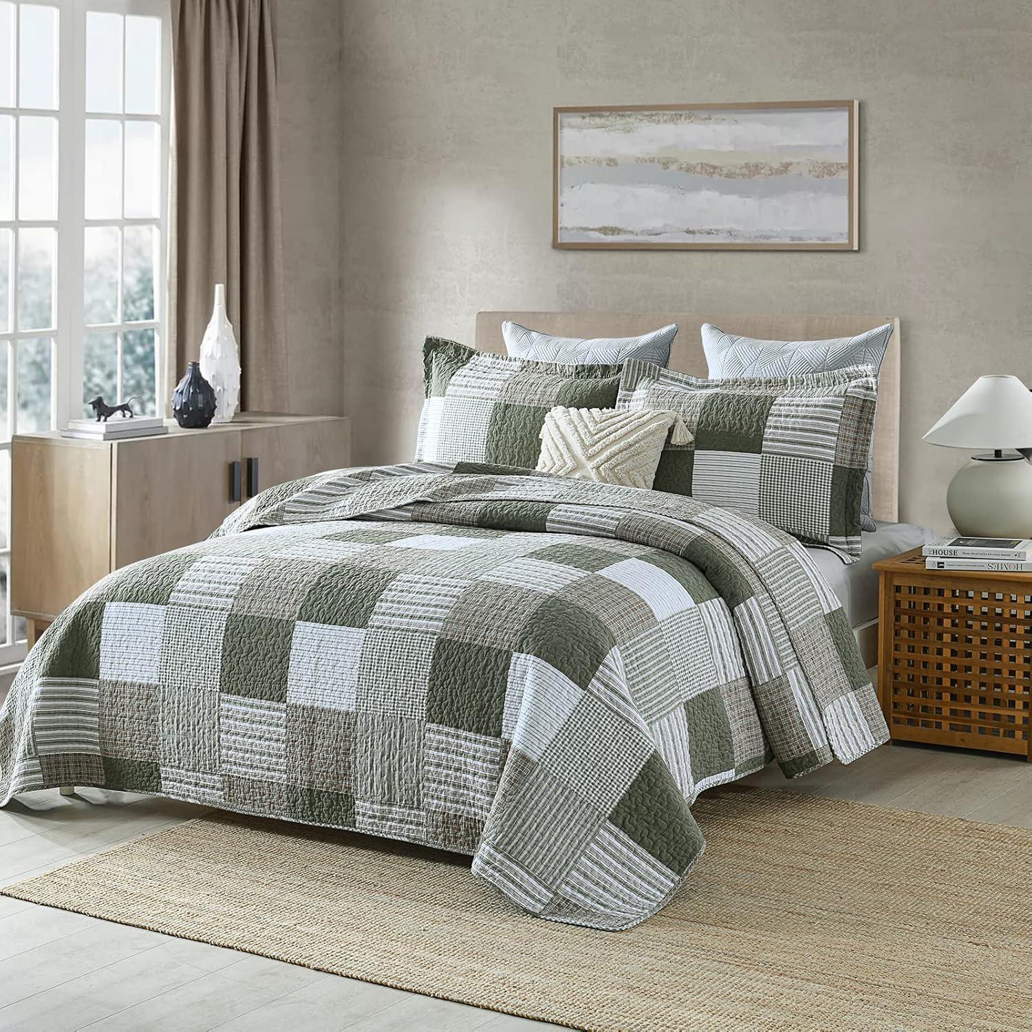 Y-PLWOMEN 100% Cotton Quilt King Size - Plaid Quilt Farmhouse Lightweight Quilted Bedspread, King Comforter Set, Soft Bed Spread for King Bed with Pillow Shams