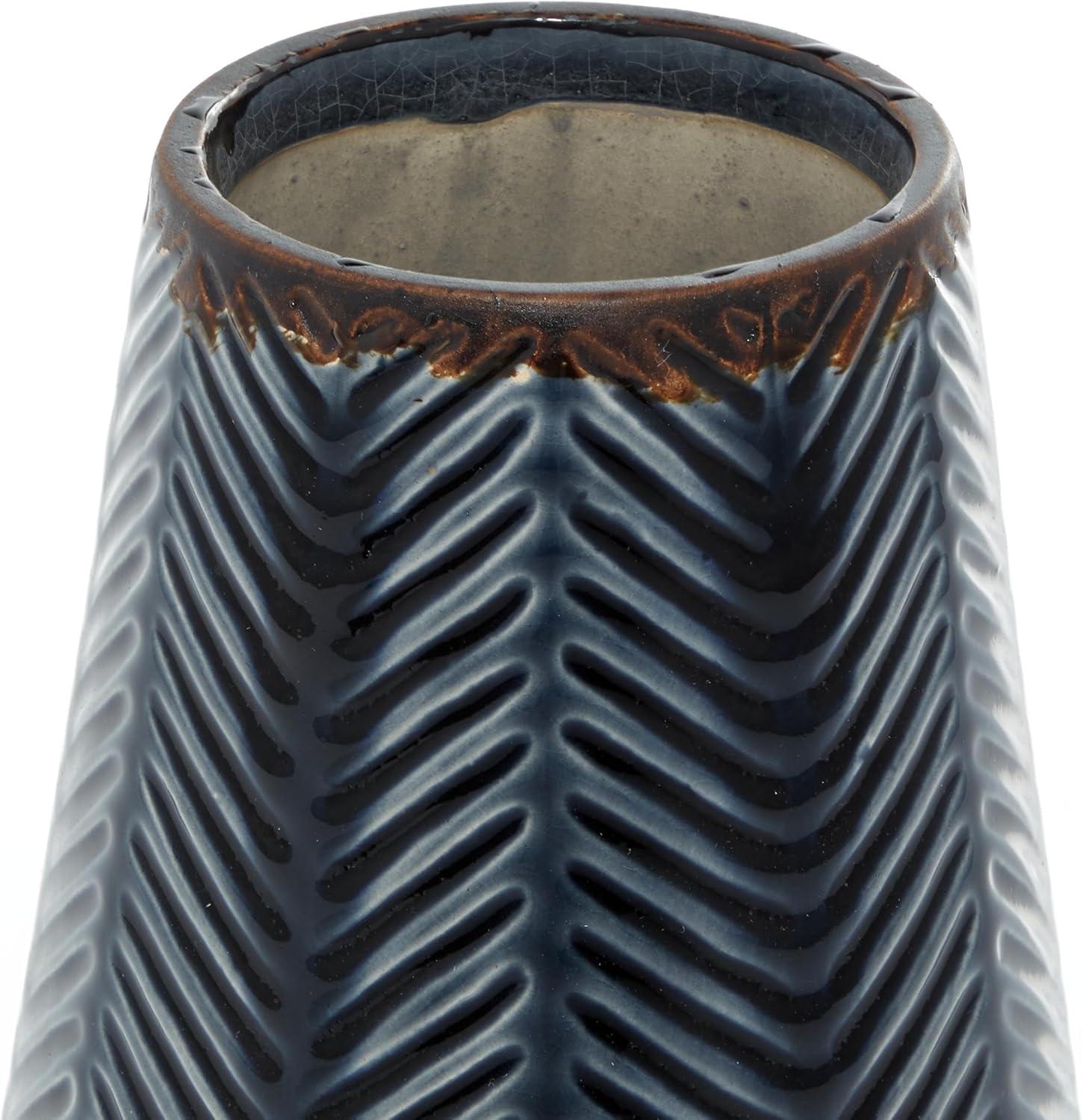 DecMode 11", 8"H Handmade Chevron Dark Blue Ceramic Vase, Set of 2