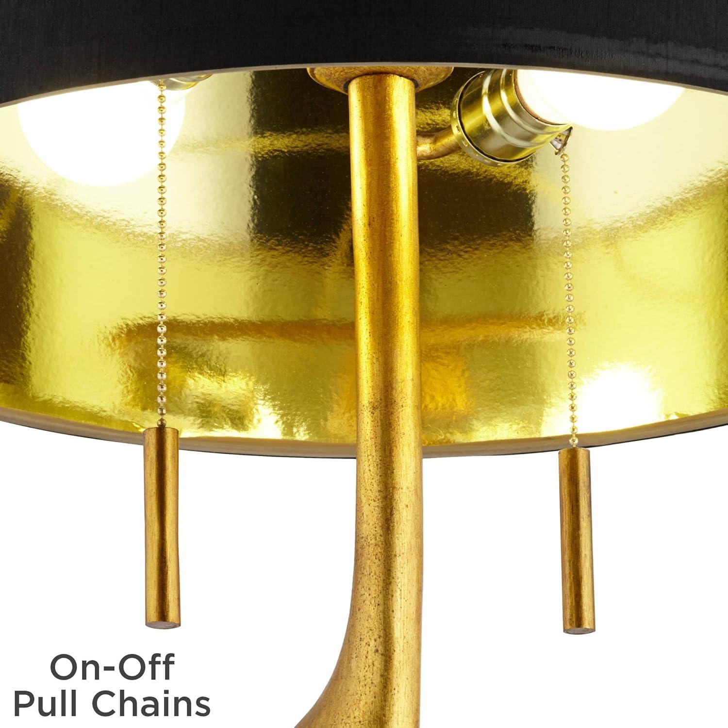 Possini Euro Design Athena Modern Buffet Table Lamp 35 1/2" Tall Sculptural Gold Leaf Black Drum Shade Bedroom Living Room Bedside Nightstand Office