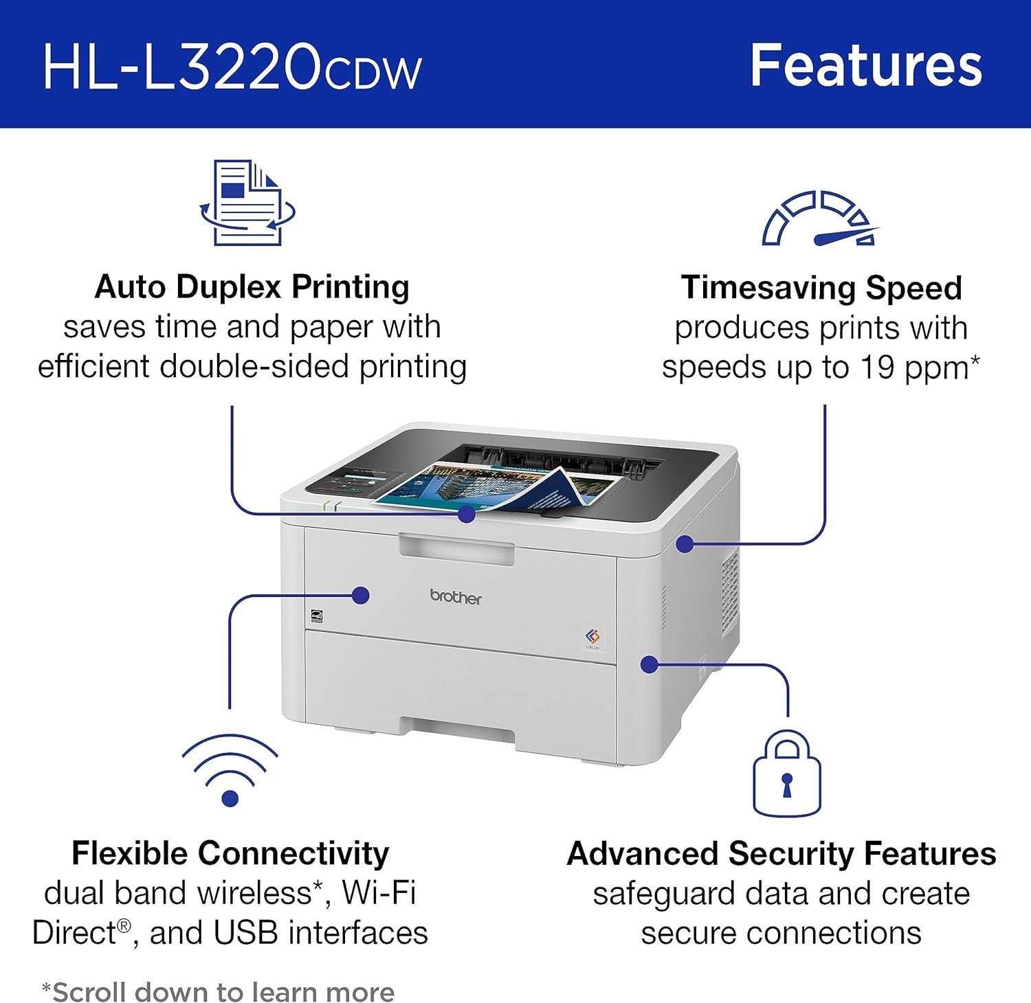 Brother HL-L3220CDW Wireless Compact Digital Color Printer with Laser Quality Output, Duplex and Mobile Device Printing