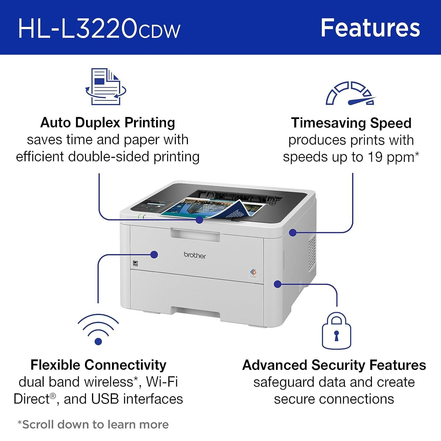 Brother HL-L3220CDW Wireless Compact Digital Color Printer with Laser Quality Output, Duplex and Mobile Device Printing