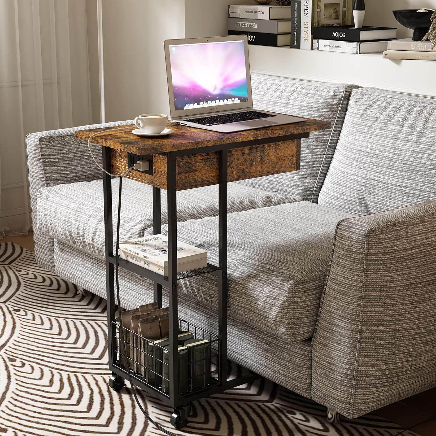 Accreate C Shaped End Table with Charging Station, Flip Top Sofa Side Table with USB Ports and Outlets