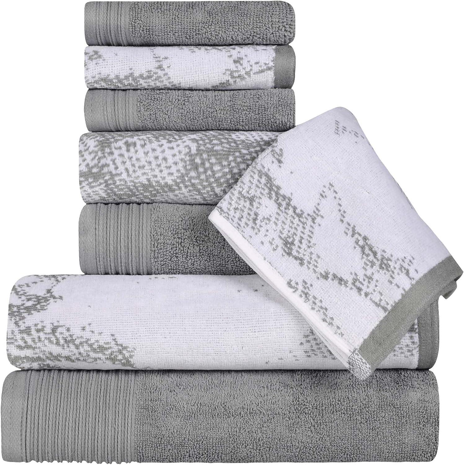 Superior Cotton 8 Piece Assorted Solid and Marble Towel Set, Grey