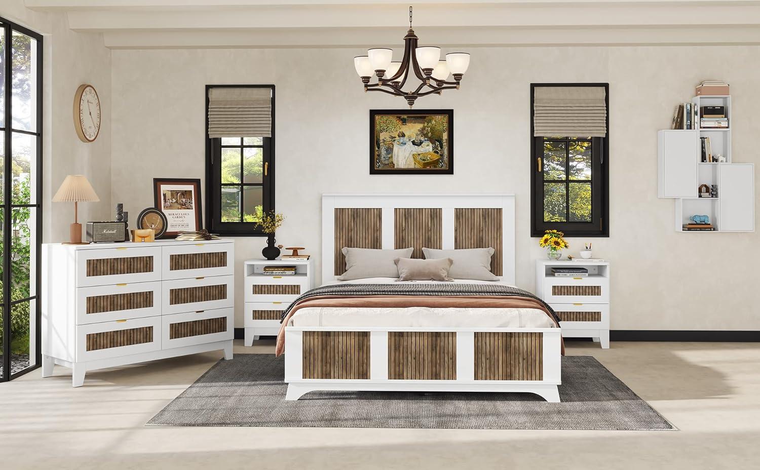 4 Pieces Bedroom Sets Queen Size Farmhouse Platform Bed with Wooden Strip Decoration, 2 Storage Nightstands and A 6-Drawer Dresser with Metal Handle for Kids Teens Adults - White