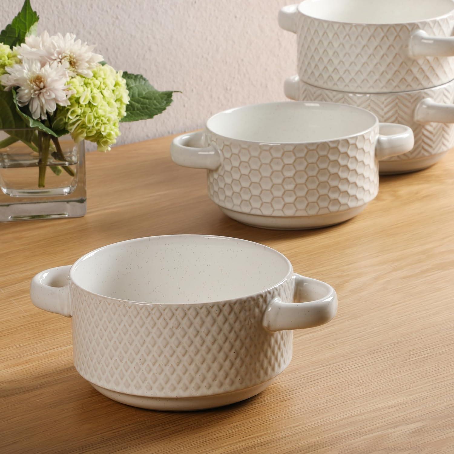 Gibson Elite Gibson Elite Oyster Tide Embossed 6 Inch Soup Bowls with Handles. French Onion Soup Crocks, Stackable Soup Bowl, Chili, Beef Stew Reactive Glaze  Stackable Ceramic Bowl, Set of 4, White